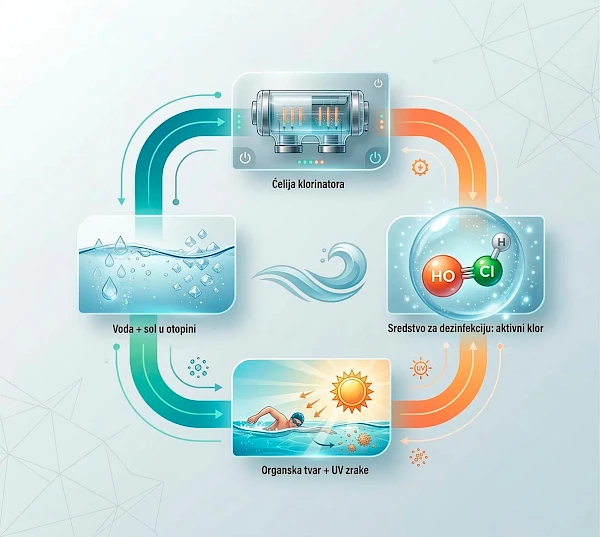 Grafički prikaz kružnog procesa kako sustavi za automatsko doziranje i tretman vode pročišćavaju bazensku vodu bez jakog klora