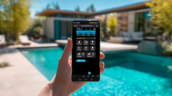 Ruka koja drži pametni telefon s otvorenom aplikacijom za udaljenu kontrolu bazena, s modernim bazenom u pozadini.