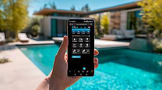 Prikaz mobilne aplikacije za pametno udaljeno upravljanje bazenom na pametnom telefonu ispred luksuzne vile s bazenom.